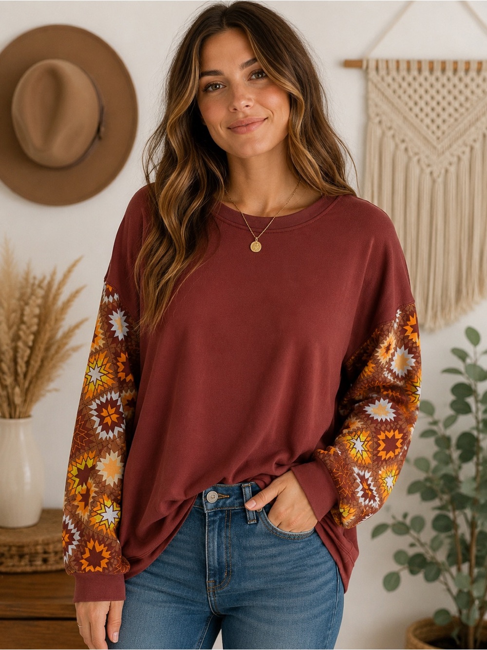 NWT Cotton Bleu Burgundy Boho Long Sleeve Top | Geometric Print Sleeves | Medium
